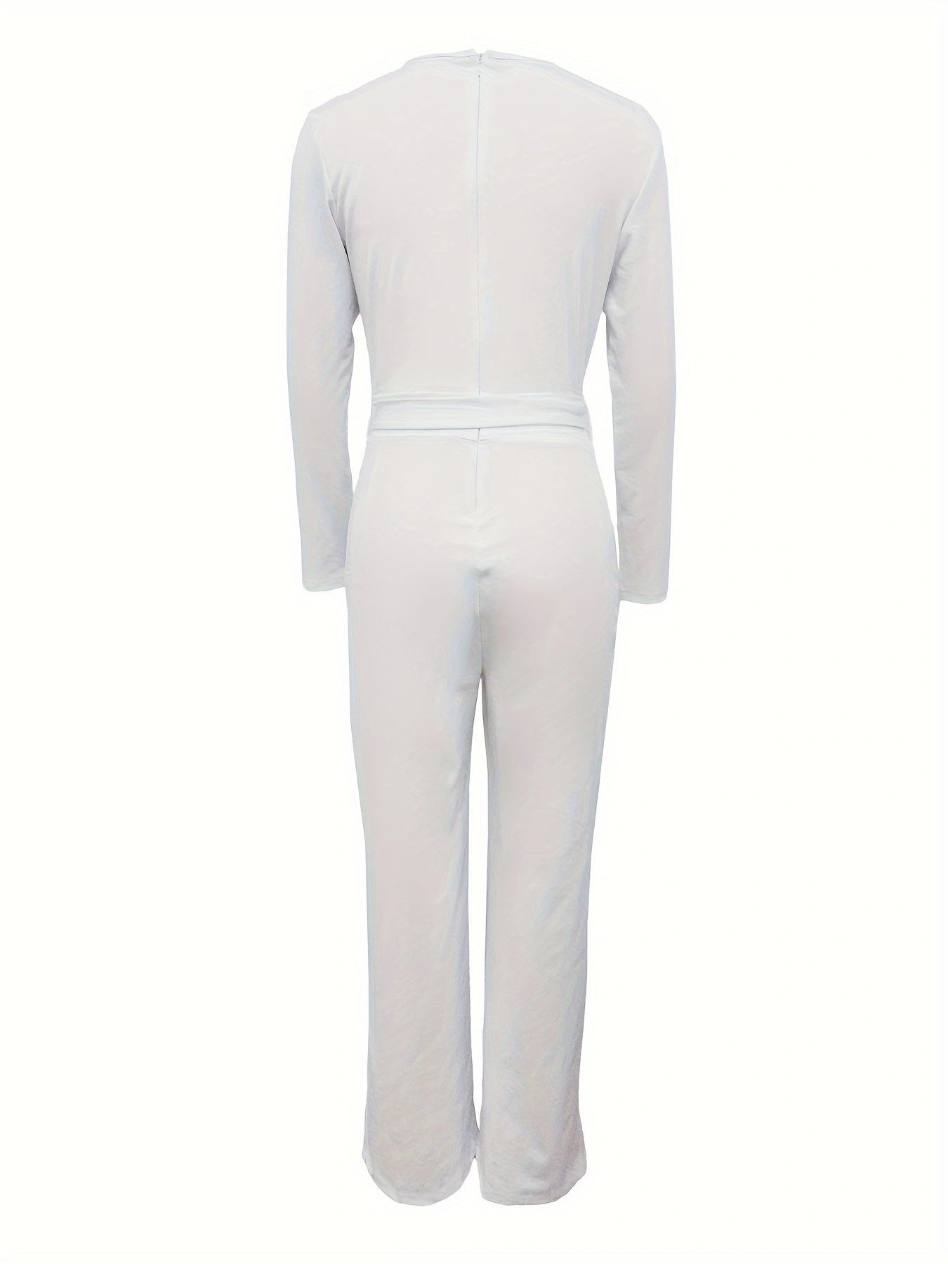 Women's White Long Sleeved V-neck Bow Tie Design Slimming and Fashionable Jumpsuit