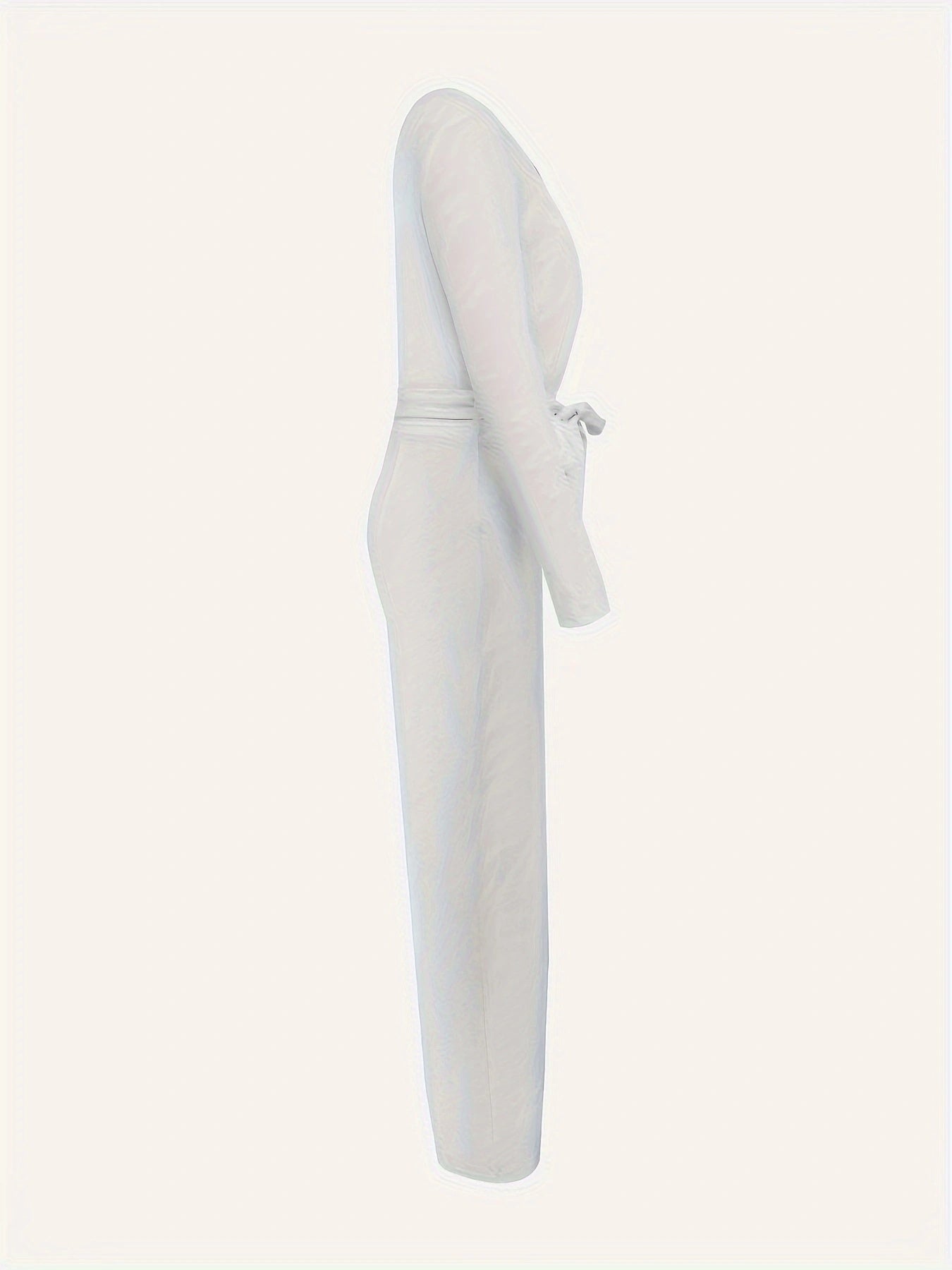 Women's White Long Sleeved V-neck Bow Tie Design Slimming and Fashionable Jumpsuit