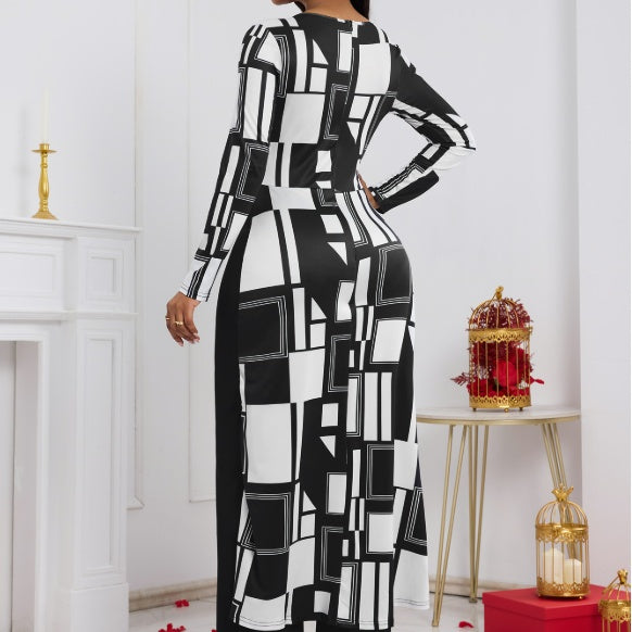 Ladies' Fashionable and Versatile Geometric Pattern Print Long Sleeved Jumpsuit