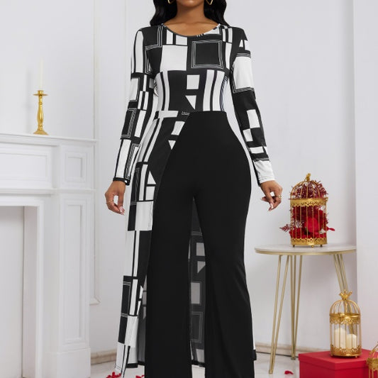 Ladies' Fashionable and Versatile Geometric Pattern Print Long Sleeved Jumpsuit