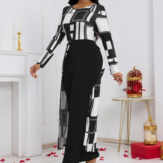 Ladies' Fashionable and Versatile Geometric Pattern Print Long Sleeved Jumpsuit